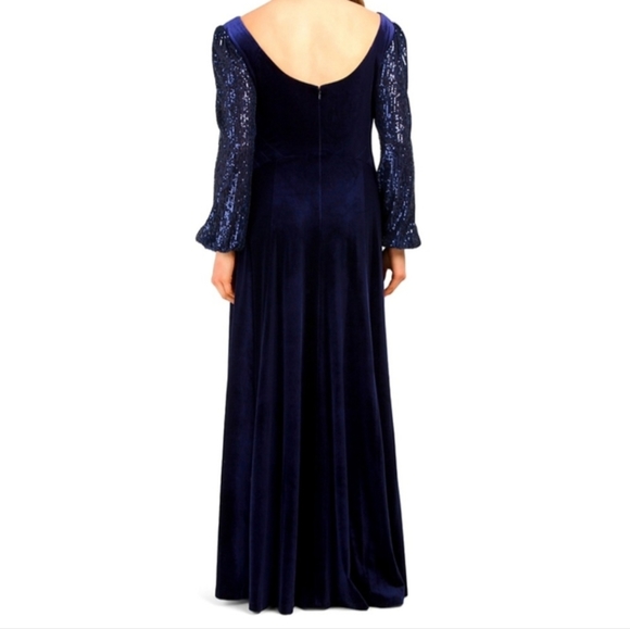 Tahari Puff Sleeve Sequined Navy Evening Gown - Size 4 - Picture 2 of 10